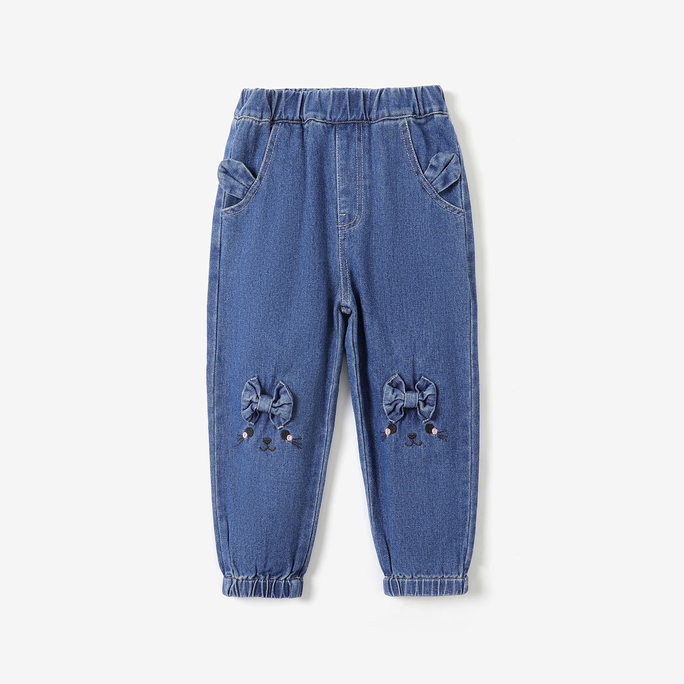 

Toddler Girl Bowknot Rabbit Print Elasticized Blue Denim Jeans