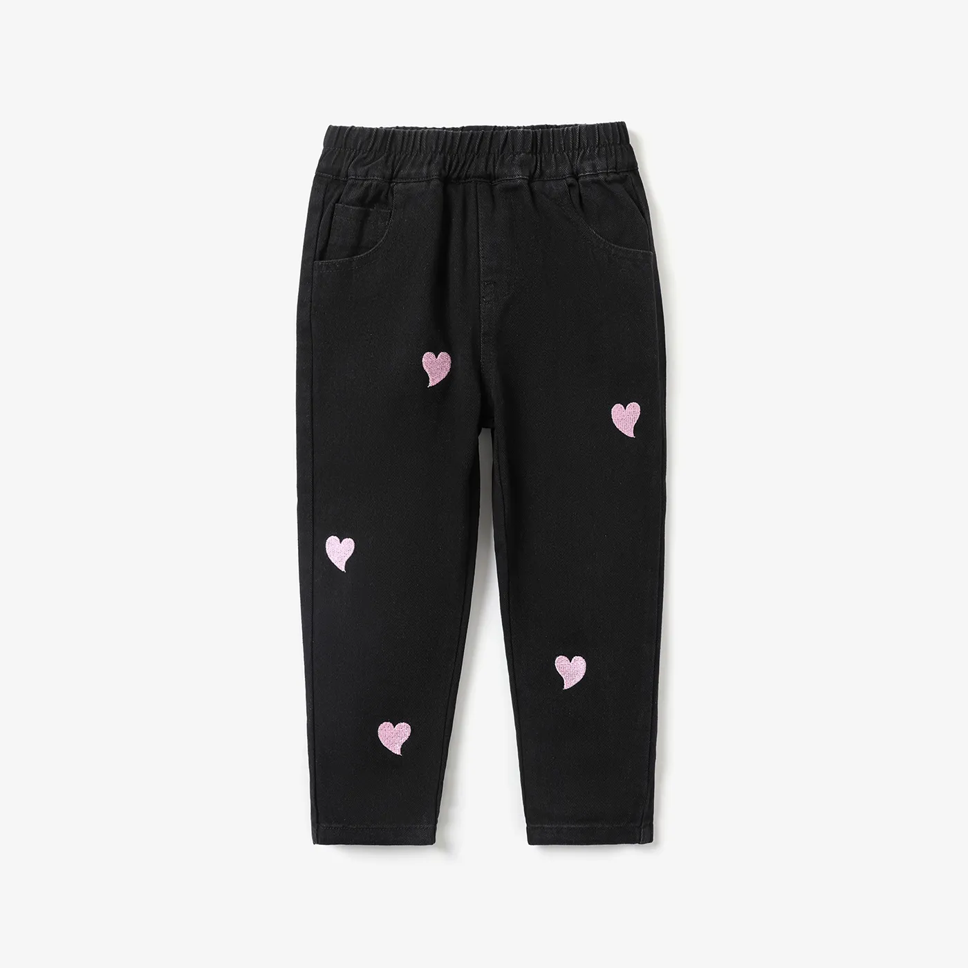 Toddler Girl Heart Embroidered Elasticized Blue Denim Jeans Black