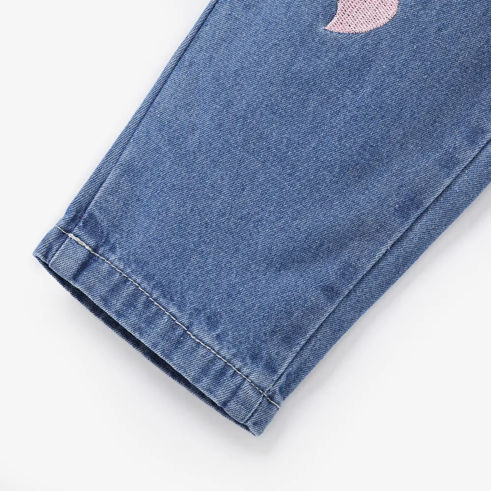 Toddler Girl Heart Embroidered Elasticized Blue Denim Jeans  big image 5