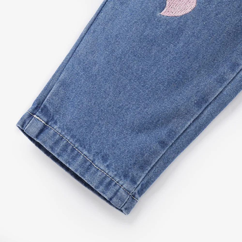 Toddler Girl Heart Embroidered Elasticized Blue Denim Jeans big image 5