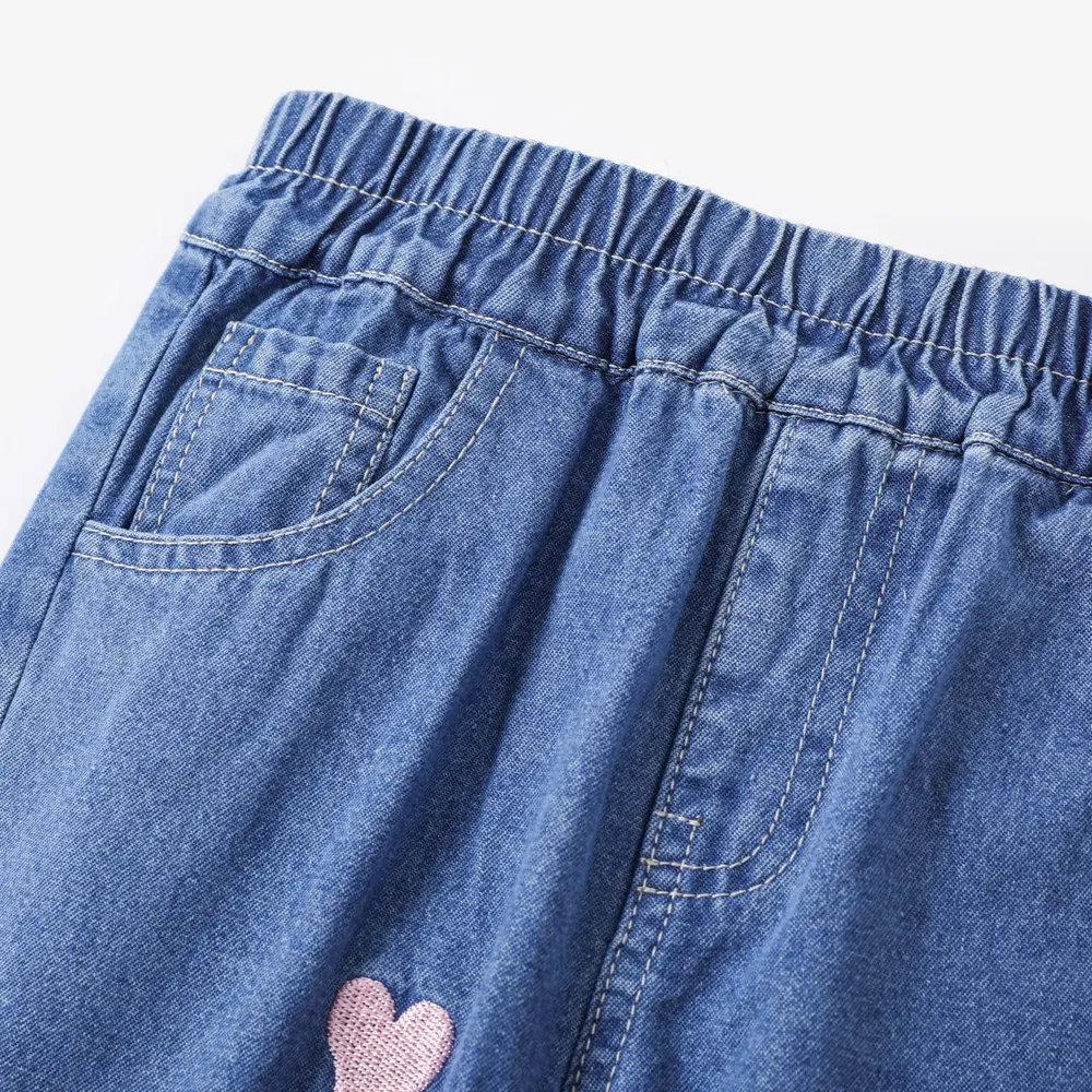 Toddler Girl Heart Embroidered Elasticized Blue Denim Jeans big image 3