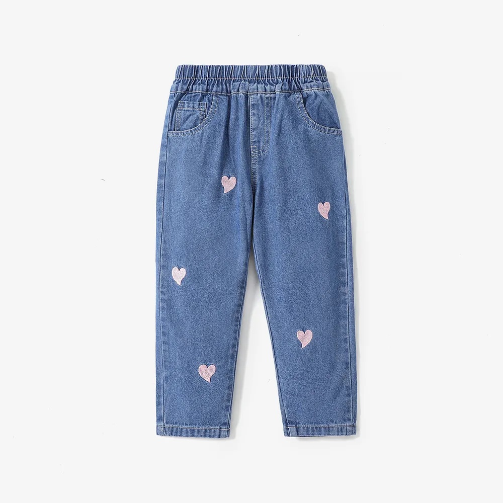 Toddler Girl Heart Embroidered Elasticized Blue Denim Jeans  big image 1