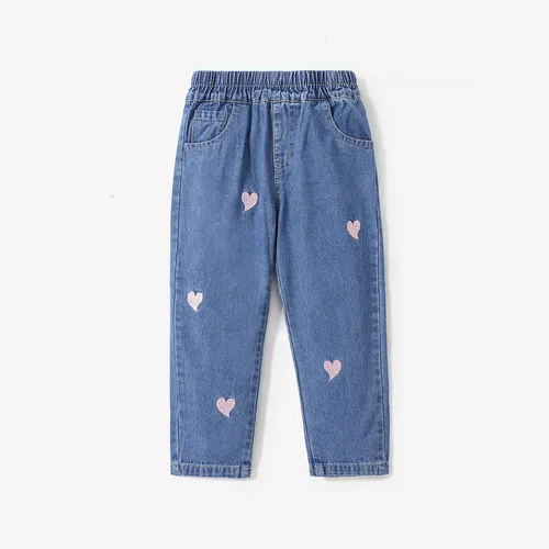 Toddler Girl Heart Embroidered Elasticized Blue Denim Jeans