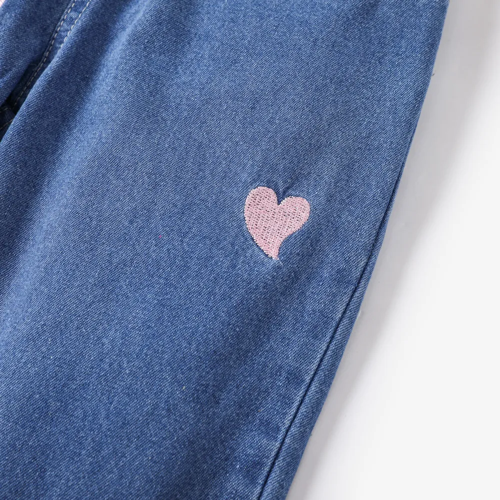 Toddler Girl Heart Embroidered Elasticized Blue Denim Jeans big image 4