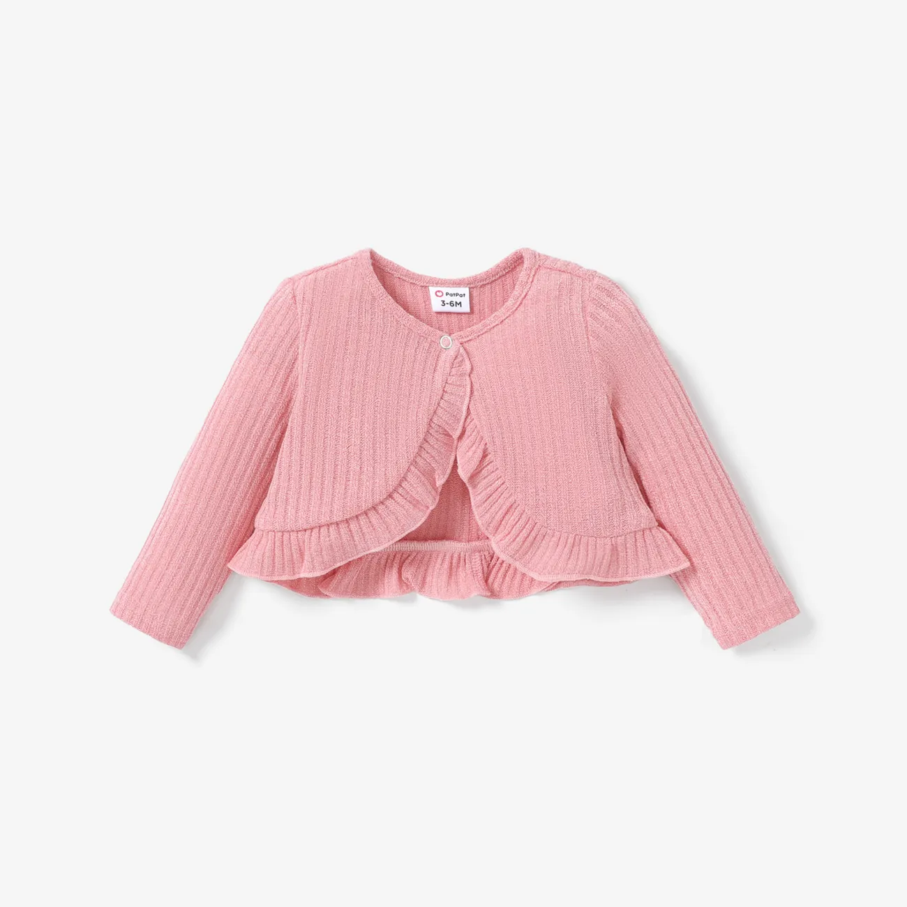 Baby Girl Solid Rib Knit Ruffle Trim Long-sleeve Cardigan Mauve Pink big image 1
