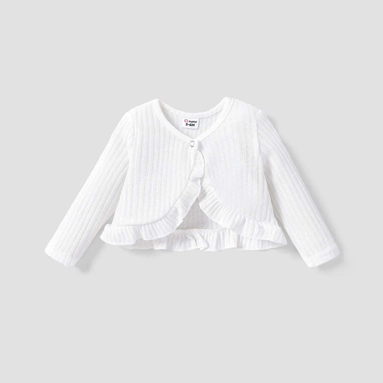 Baby Girl Solid Rib Knit Ruffle Trim Long-sleeve Cardigan White big image 1