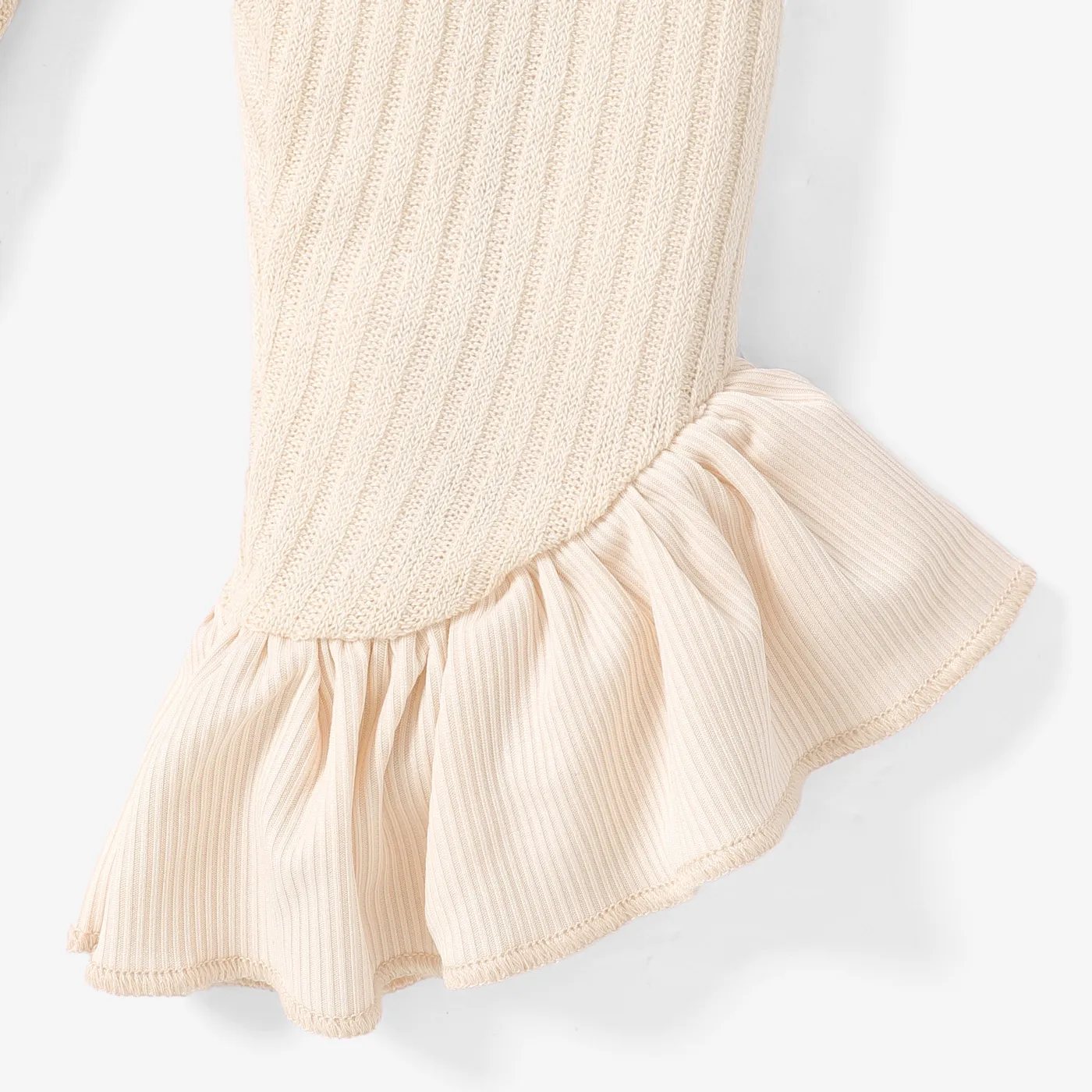 2pcs Baby Girl Button Front Solid Rib Knit Bell-sleeve Cardigan and Ruffle Flared Pants Set OffWhite image 4