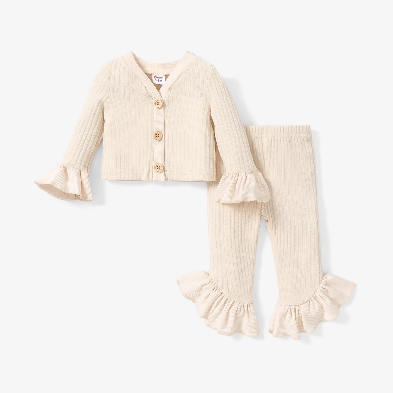 2pcs Baby Girl Button Front Solid Rib Knit Bell-sleeve Cardigan and Ruffle Flared Pants Set OffWhite big image 1