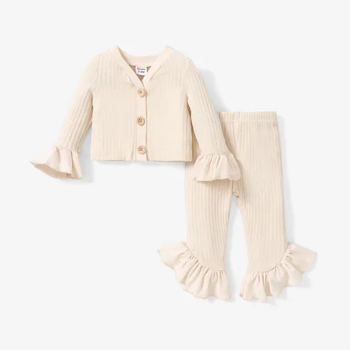 2pcs Baby Girl Button Front Solid Rib Knit Bell-sleeve Cardigan and Ruffle Flared Pants Set