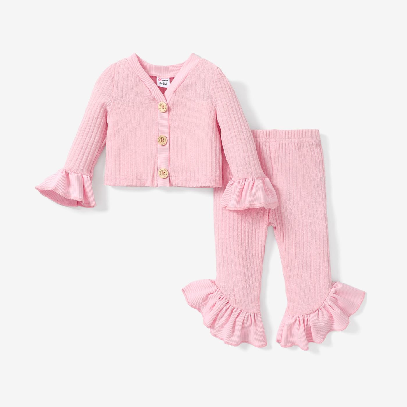 2pcs Baby Girl Button Front Solid Rib Knit Bell-sleeve Cardigan And Ruffle Flared Pants Set