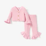 2pcs Baby Girl Button Front Solid Rib Knit Bell-sleeve Cardigan and Ruffle Flared Pants Set Pink