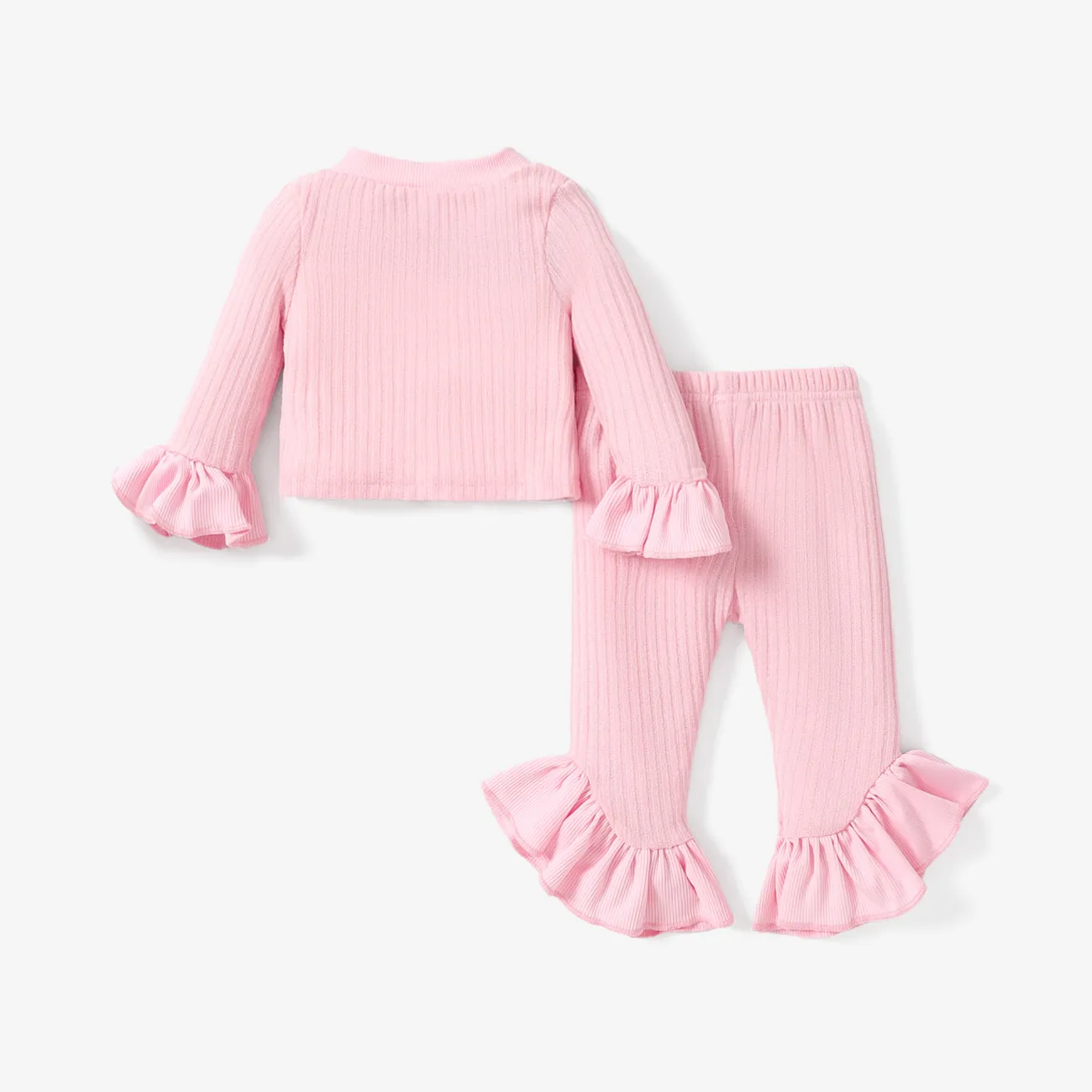 2pcs Baby Girl Button Front Solid Rib Knit Bell-sleeve Cardigan and Ruffle Flared Pants Set Pink big image 1