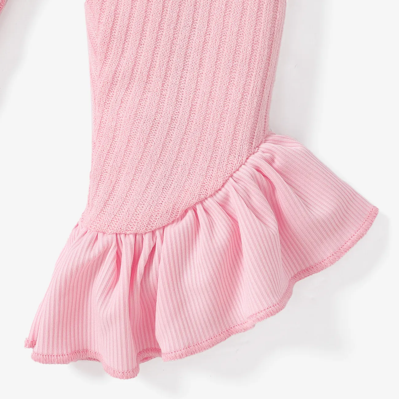 2pcs Baby Girl Button Front Solid Rib Knit Bell-sleeve Cardigan and Ruffle Flared Pants Set Pink big image 1