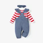 3pcs Baby Girl 95% Cotton Stripe Long-sleeve Top and 97% Cotton Giraffe Embroidery Ruffle Overalls & Headband Set  image 3