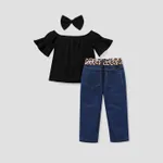 3-piece Baby Solid Flutter-sleeve Off Shoulder Top and Leopard Print Bowknot Nine-minute Denim Jeans Set Black image 2