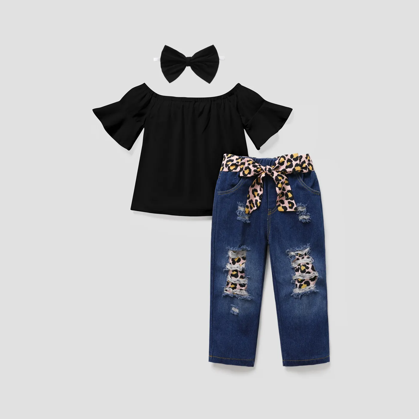 3-piece Baby Solid Flutter-sleeve Off Shoulder Top And Leopard Print Bowknot Nine-minute Denim Jeans Set