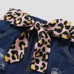3-piece Baby Solid Flutter-sleeve Off Shoulder Top and Leopard Print Bowknot Nine-minute Denim Jeans Set  image 4
