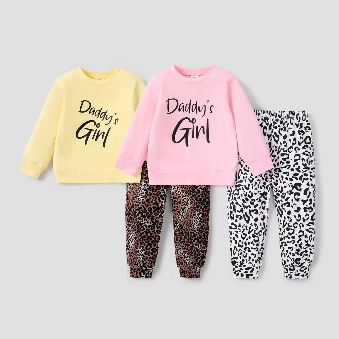 2-piece Baby / Toddler Girl Letter Solid Long-sleeve Top and Leopard Print Pants Set Pink big image 1