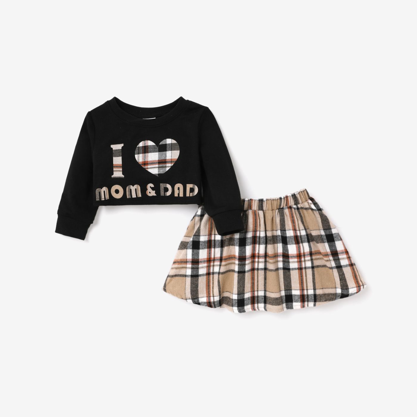 2pcs Baby Girl Casual Letter Print Plaid Longsleeve Skirt Set