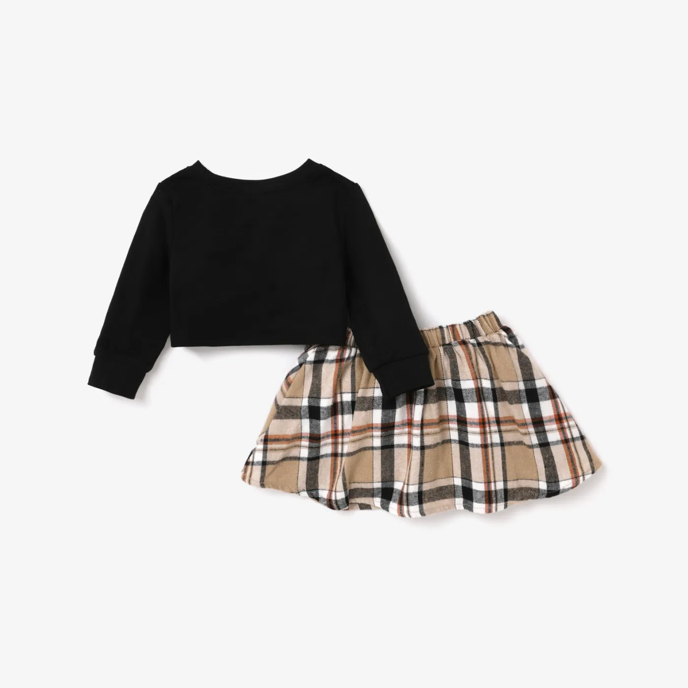 2pcs Baby Girl Casual Letter print Plaid Longsleeve Skirt Set Black image 2