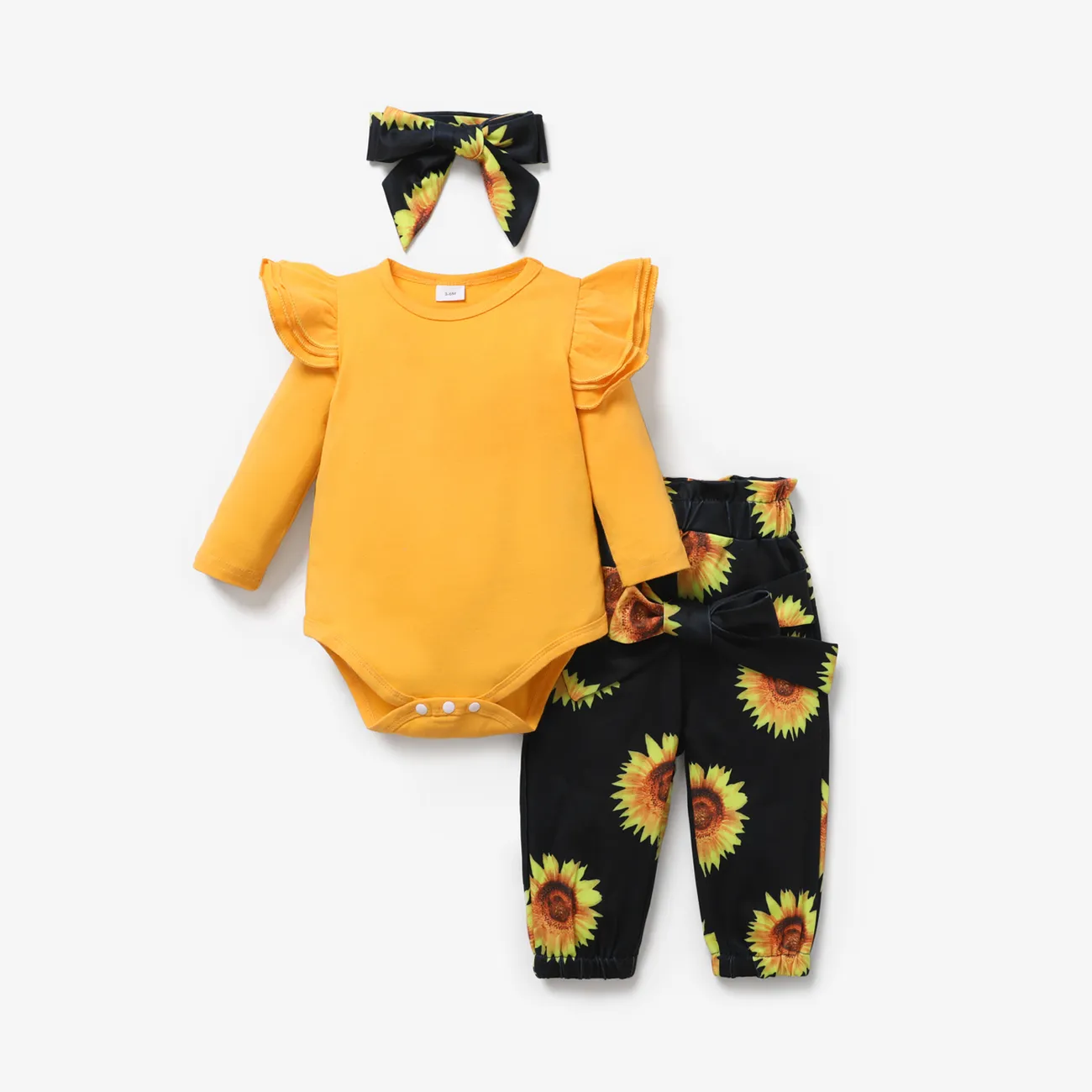 3pcs Baby Girl 95% Cotton Ruffle Long-sleeve Romper and Sunflower Floral Print Pants with Headband Set Yellow big image 1
