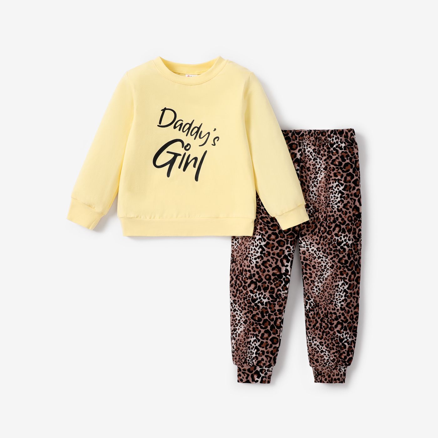 2-piece Baby / Toddler Girl Letter Solid Long-sleeve Top And Leopard Print Pants Set
