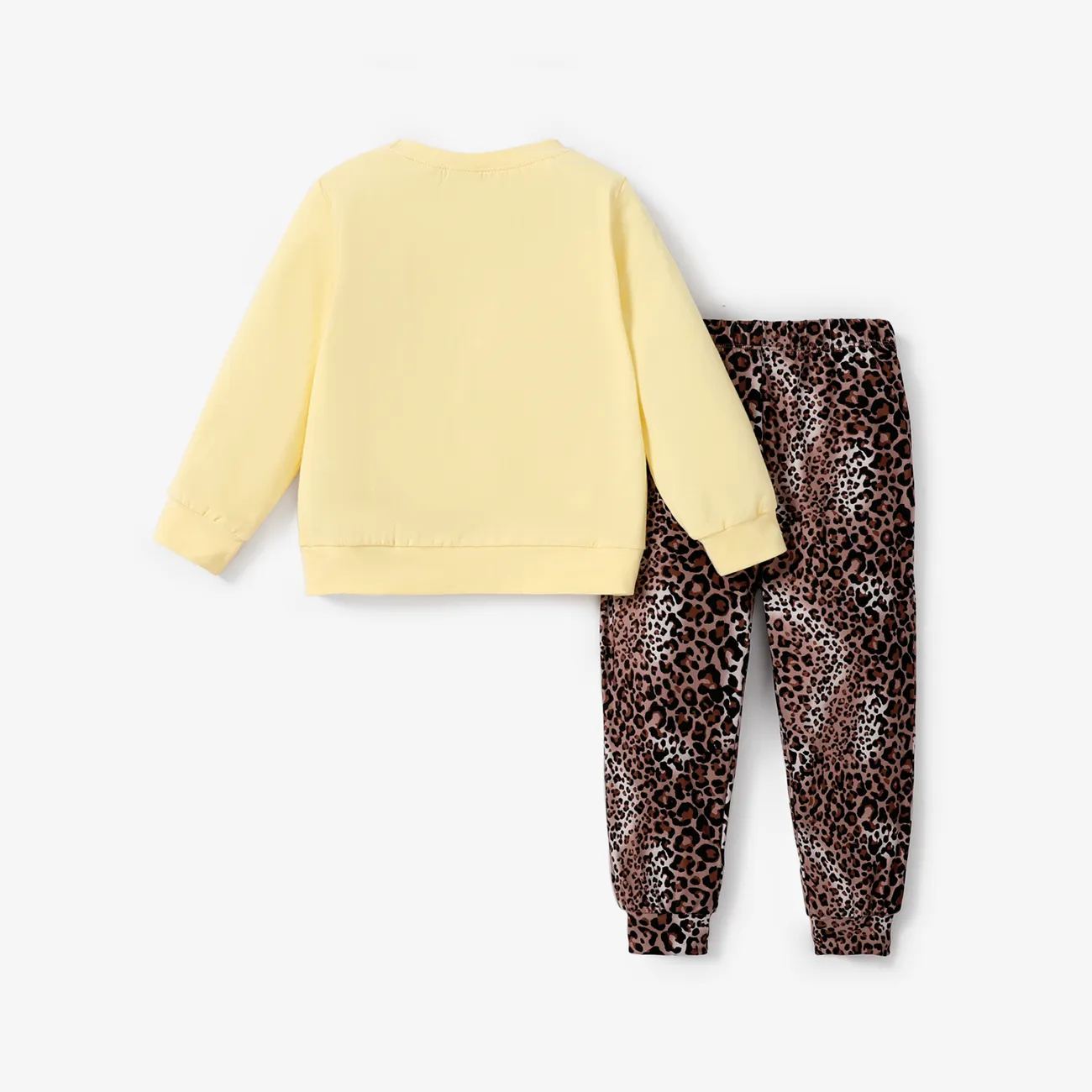 2-piece Baby / Toddler Girl Letter Solid Long-sleeve Top and Leopard Print Pants Set Creamcolored big image 1