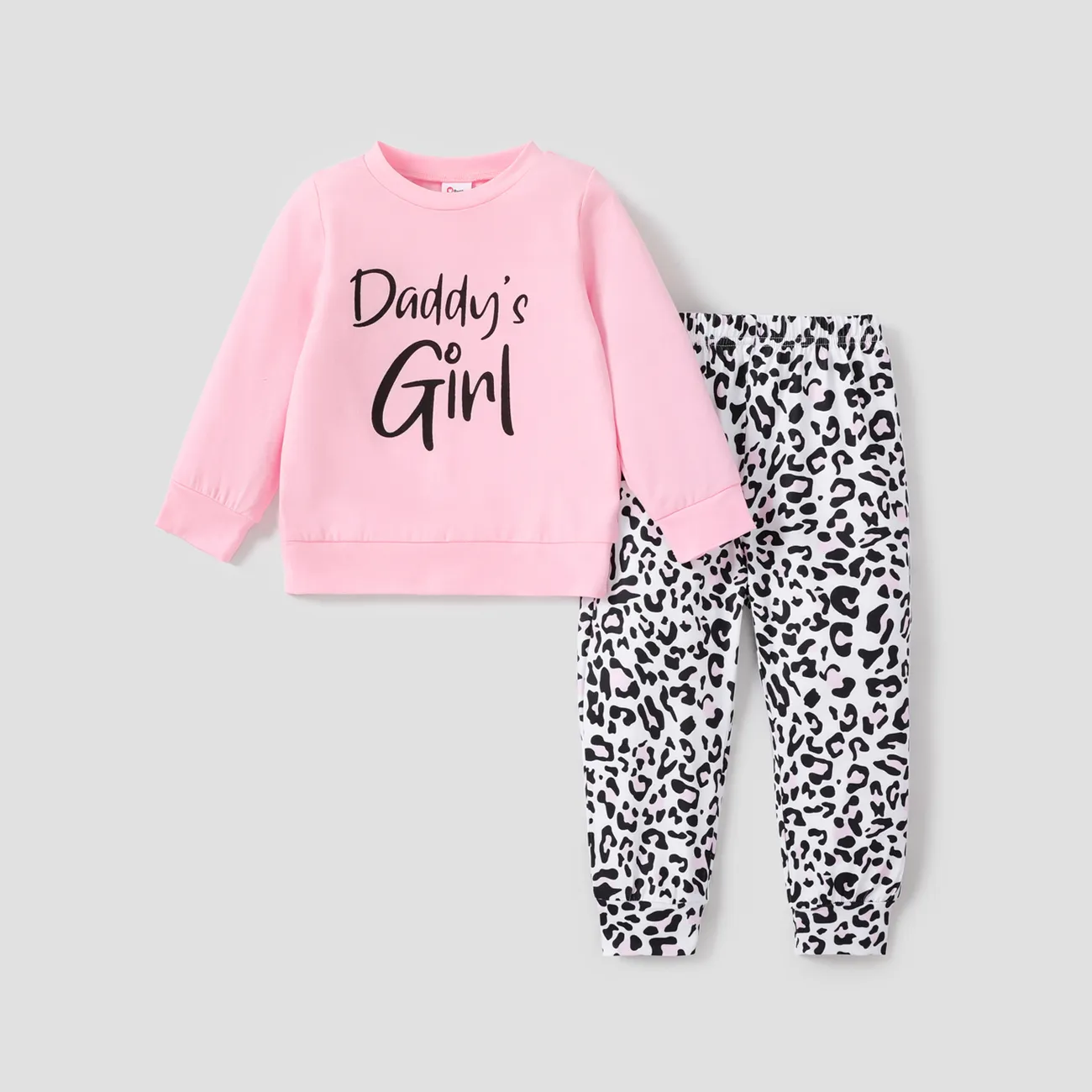 2-piece Baby / Toddler Girl Letter Solid Long-sleeve Top and Leopard Print Pants Set Pink big image 1