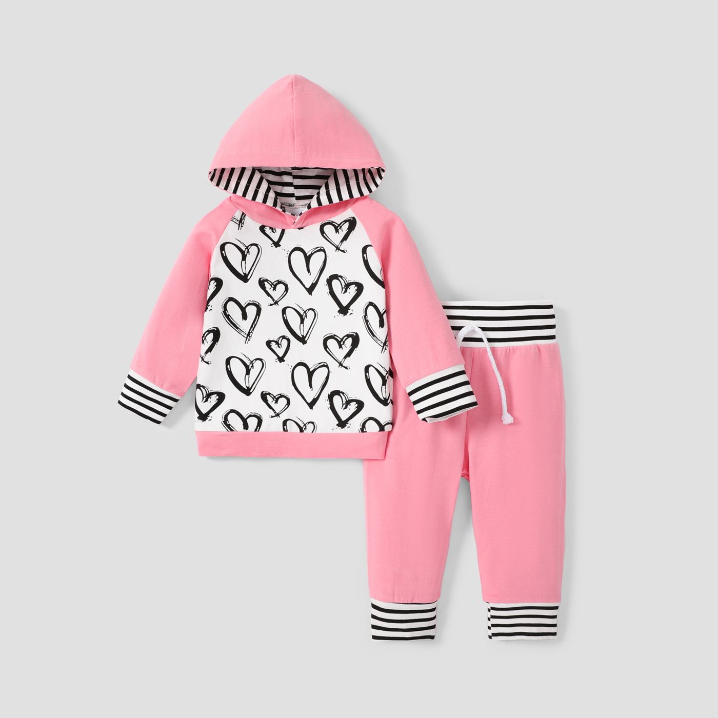 2pcs Heart And Striped Print Hooded Long-sleeve Pink Baby Set