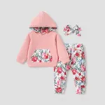 3pcs Baby Girl 95% Cotton Long-sleeve Hoodie and Floral Print Pants with Headband Set Pink