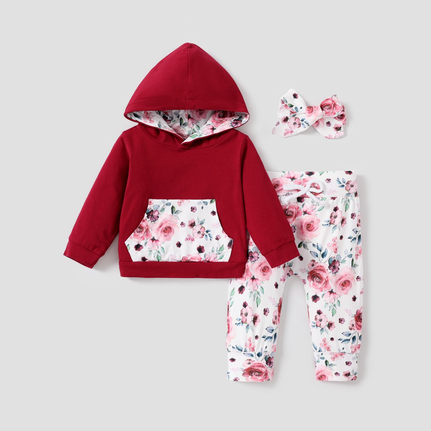 3pcs Baby Girl 95% Cotton Long-sleeve Hoodie And Floral Print Pants With Headband Set
