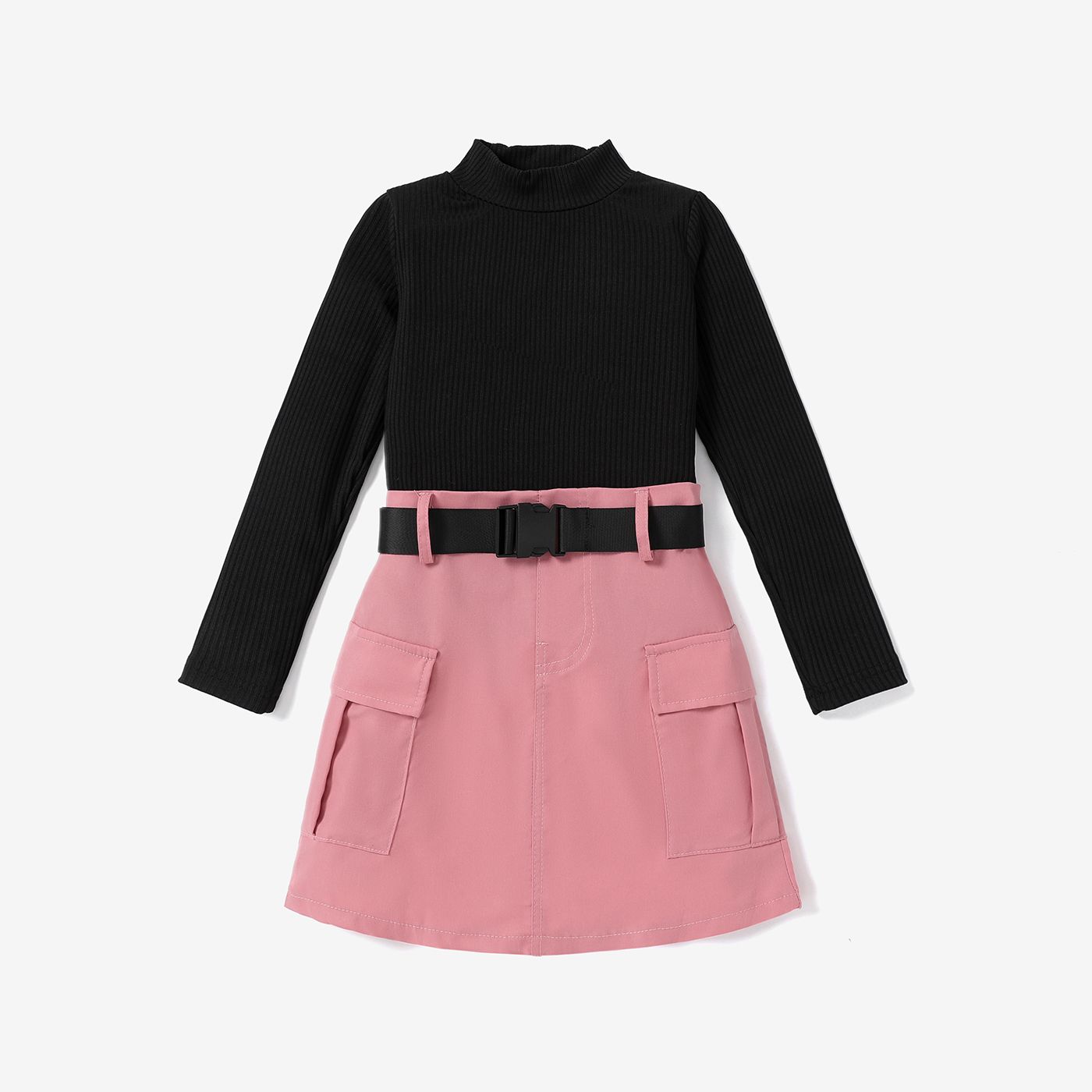 3PCS Kid Girl Solid Top/Avant-garde Patch Pocket Belted Skirt