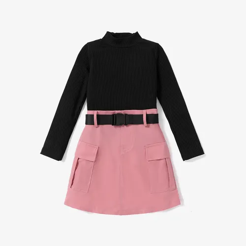 3PCS Kid Girl Solid Top/Avant-garde Patch Pocket Belted Skirt