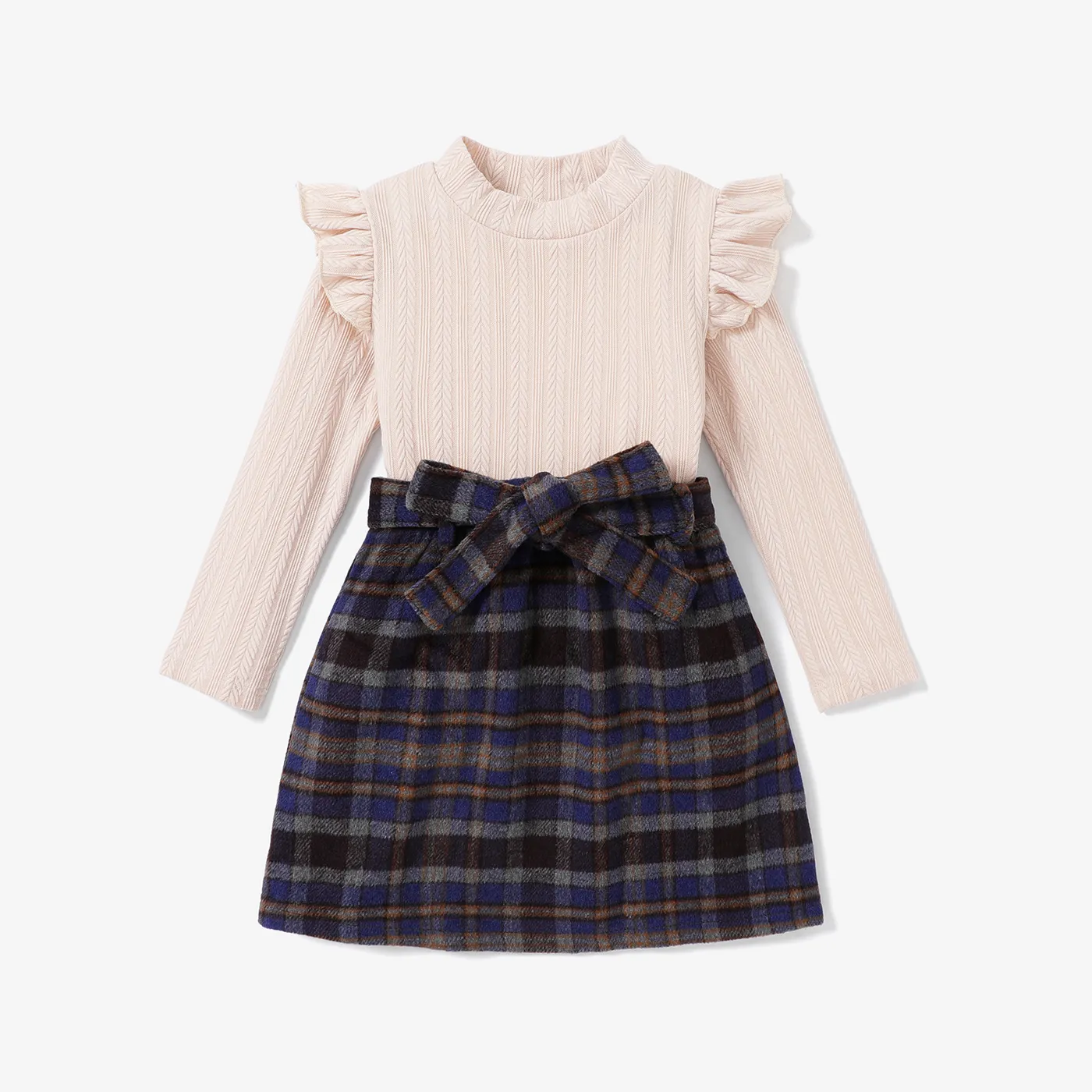 2PCS Kid Girl Flutter Sleeve Top/Grid/Houndstooth Skirt   big image 1