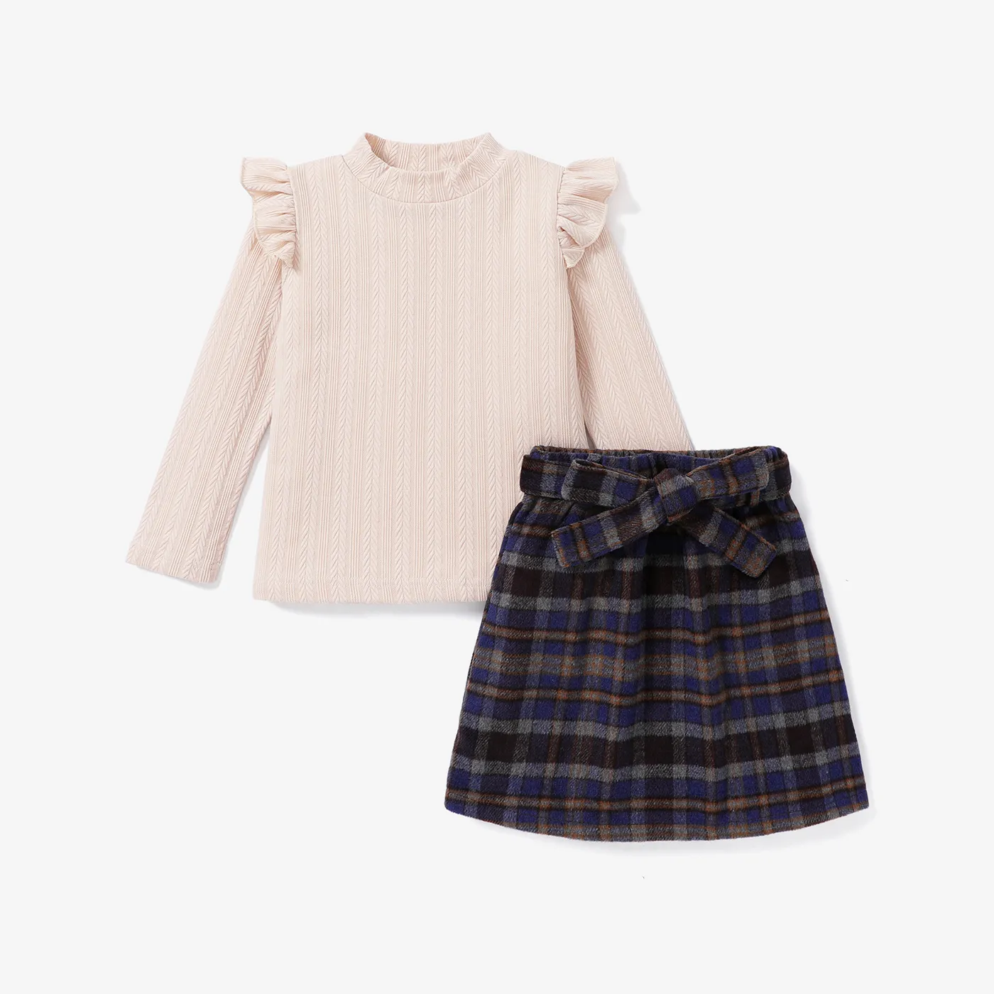 2PCS Kid Girl Flutter Sleeve Top/Grid/Houndstooth Skirt   image 3
