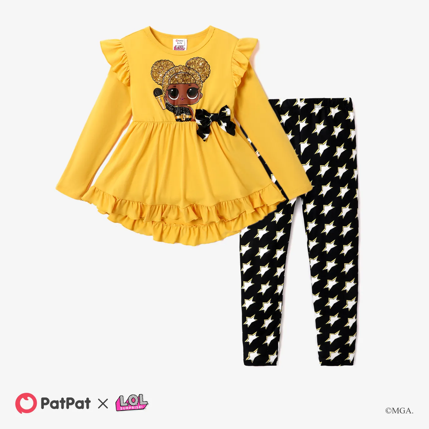 L.O.L. SURPRISE! Kid Girl 2pcs Character Print Long-sleeve Top and Allover Print Pants Set Yellow