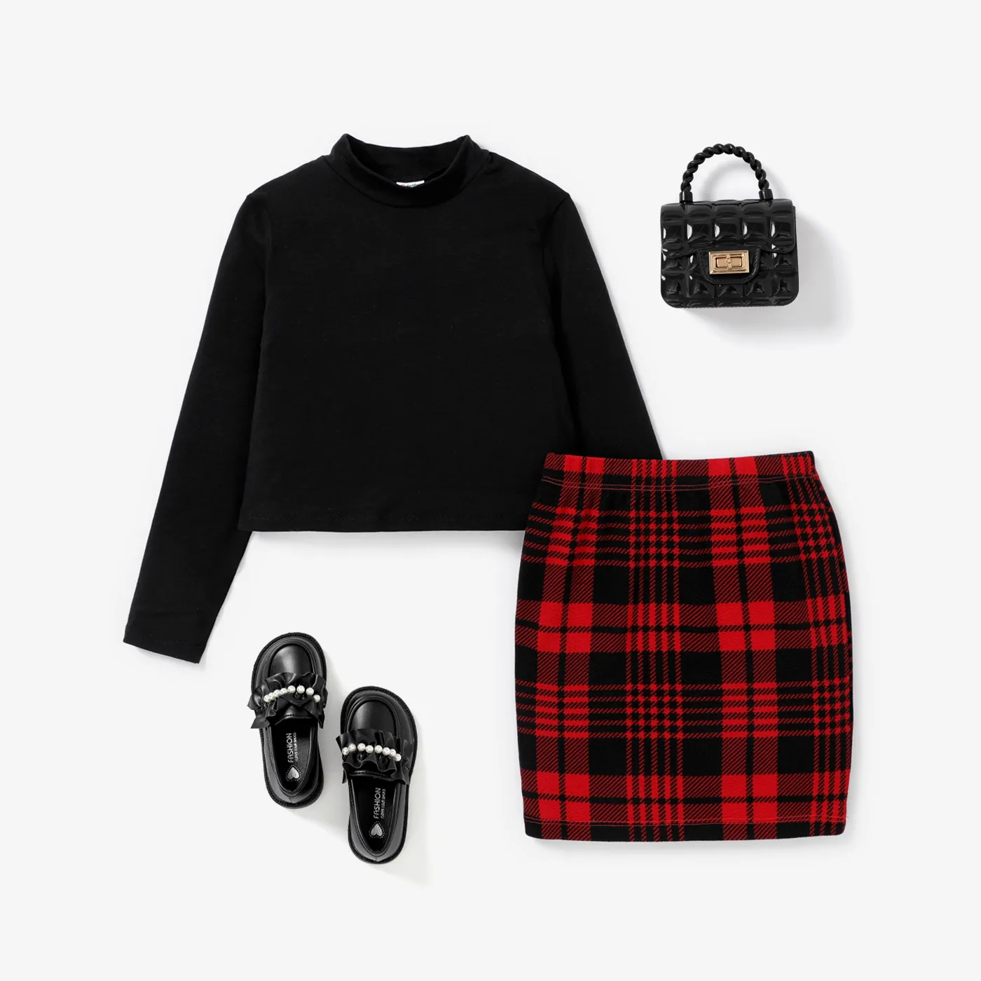 Kid Girl Stand Collar Grid/Houndstooth Skirt Suit Black