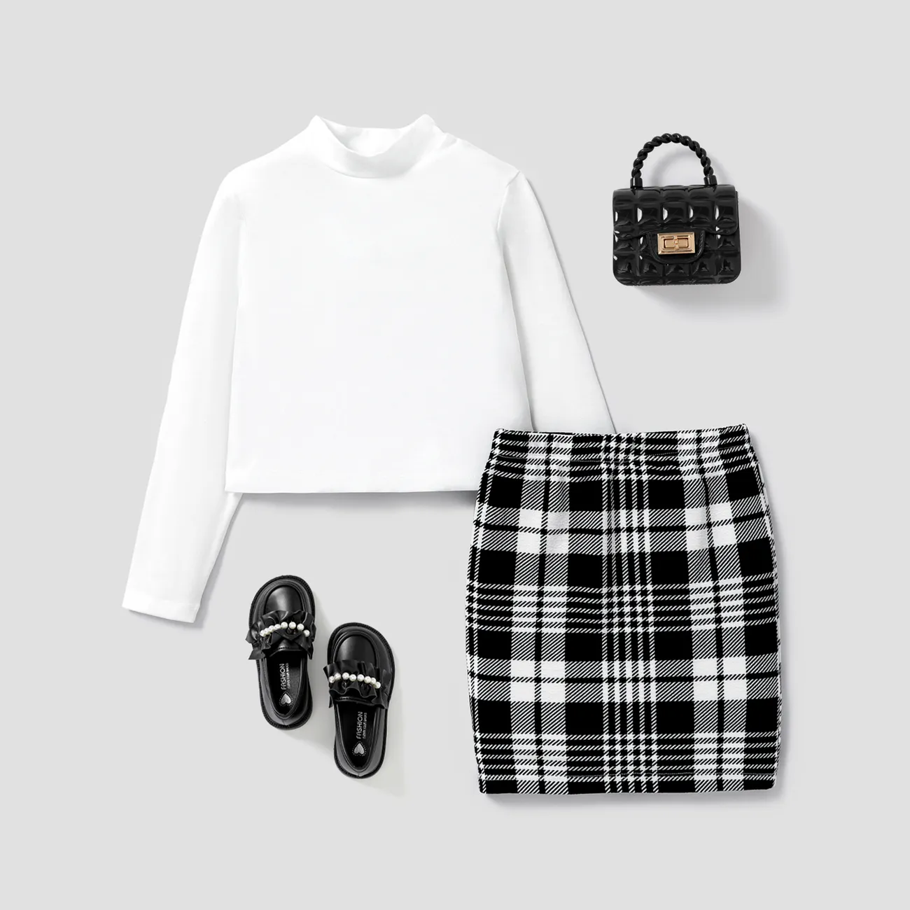 Kid Girl Stand Collar Grid/Houndstooth Skirt Suit White big image 1