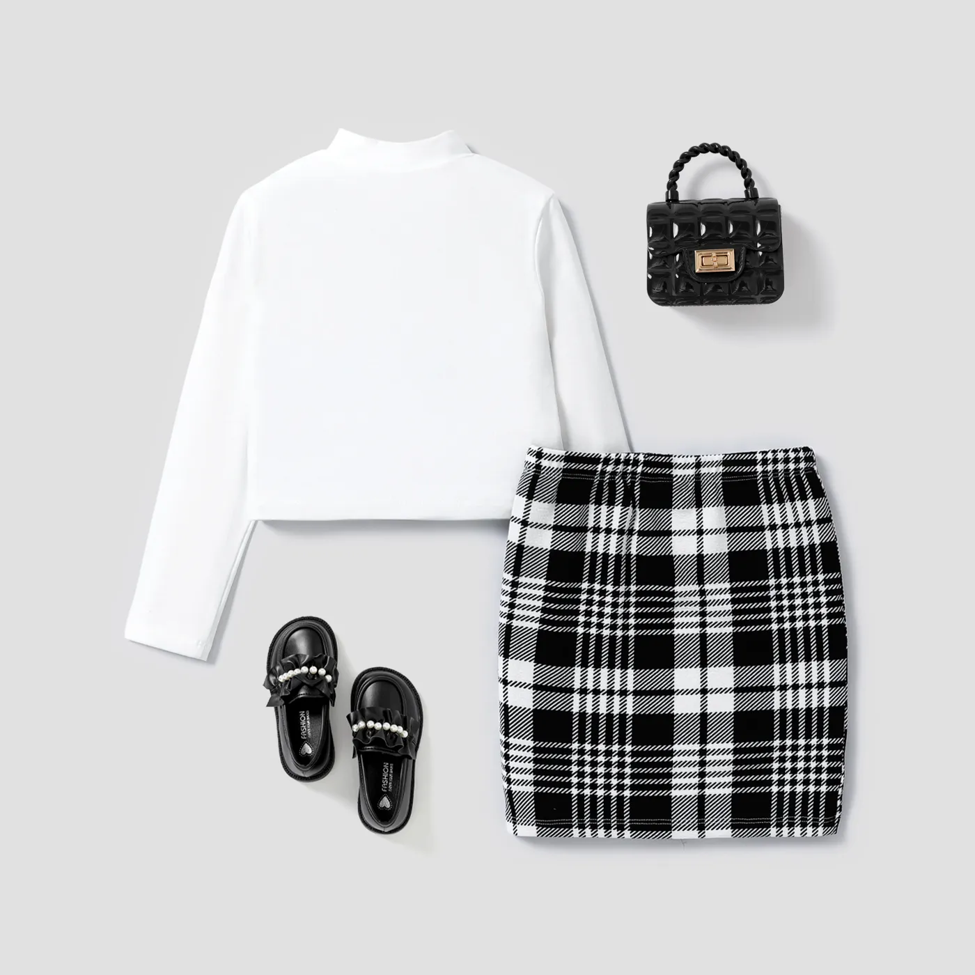 Kid Girl Stand Collar Grid/Houndstooth Skirt Suit White image 2
