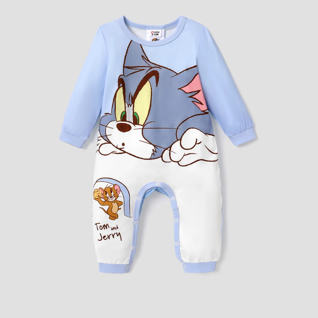 Tom and Jerry 嬰兒 中性 鈕扣 童趣 長袖 長腿連身衣 藍色 big image 1