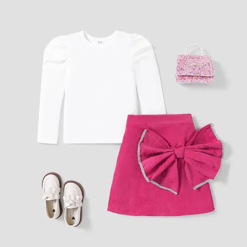 2PCS Kid Girl White Top/Pink Maxi Bow Skirt