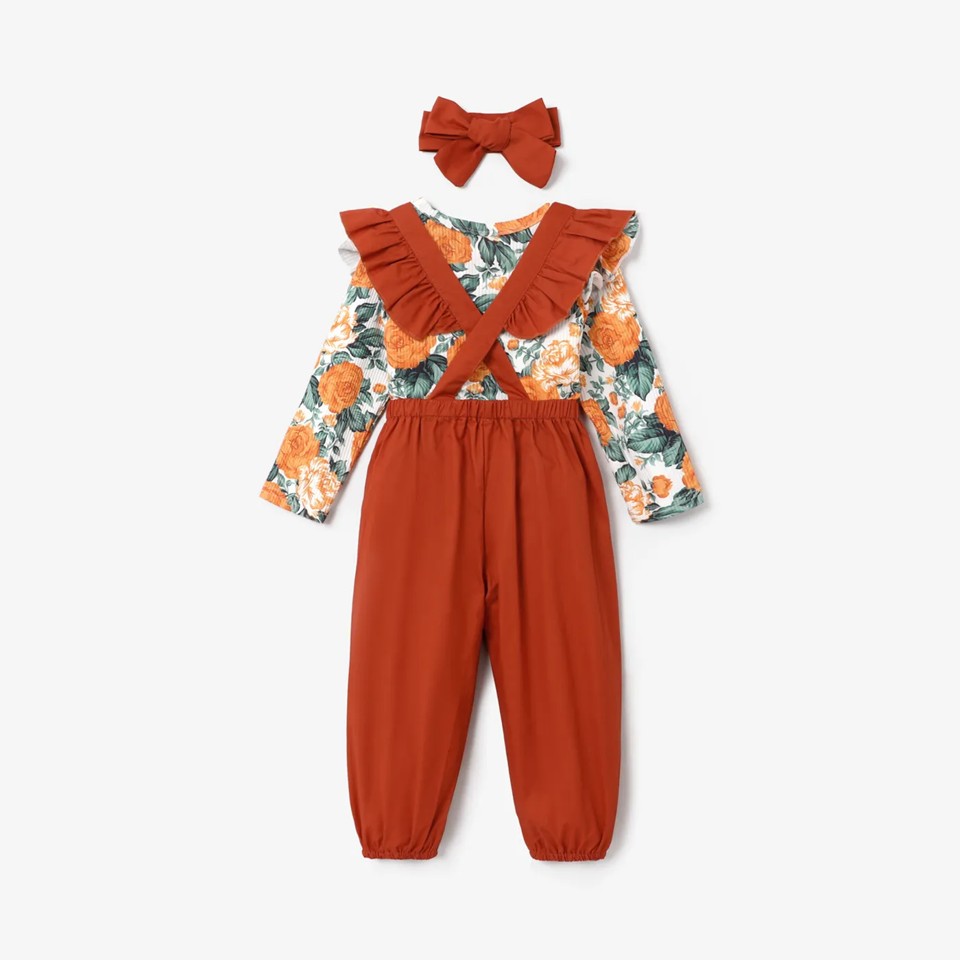 3 قطع طفلة صغيرة الأزهار طباعة الأزهار كشكش طويلة الأكمام وزرة تصميم Bowknot ومجموعة عقال  image 2