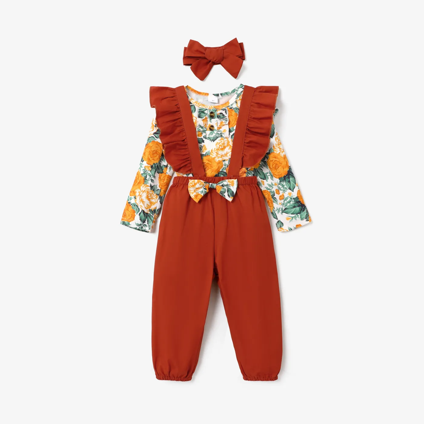 3 قطع طفلة صغيرة الأزهار طباعة الأزهار كشكش طويلة الأكمام وزرة تصميم Bowknot ومجموعة عقال  big image 1