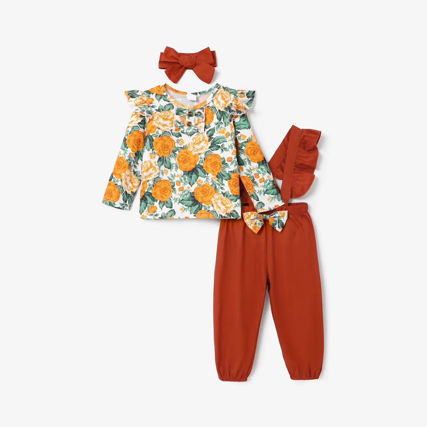 3 قطع طفلة صغيرة الأزهار طباعة الأزهار كشكش طويلة الأكمام وزرة تصميم Bowknot ومجموعة عقال  image 3