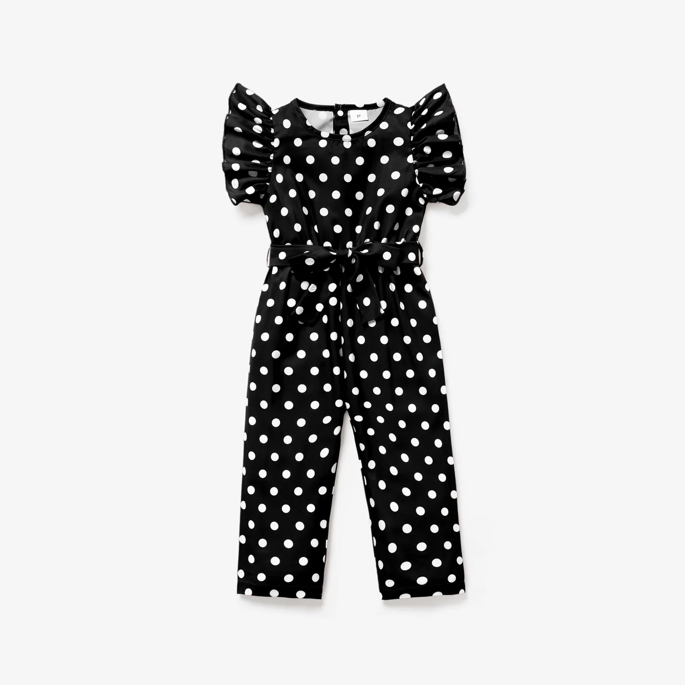 2pcs Toddler Girl Trendy Polka dots Flutter-sleeve Jumpsuits & Belt Black image 2