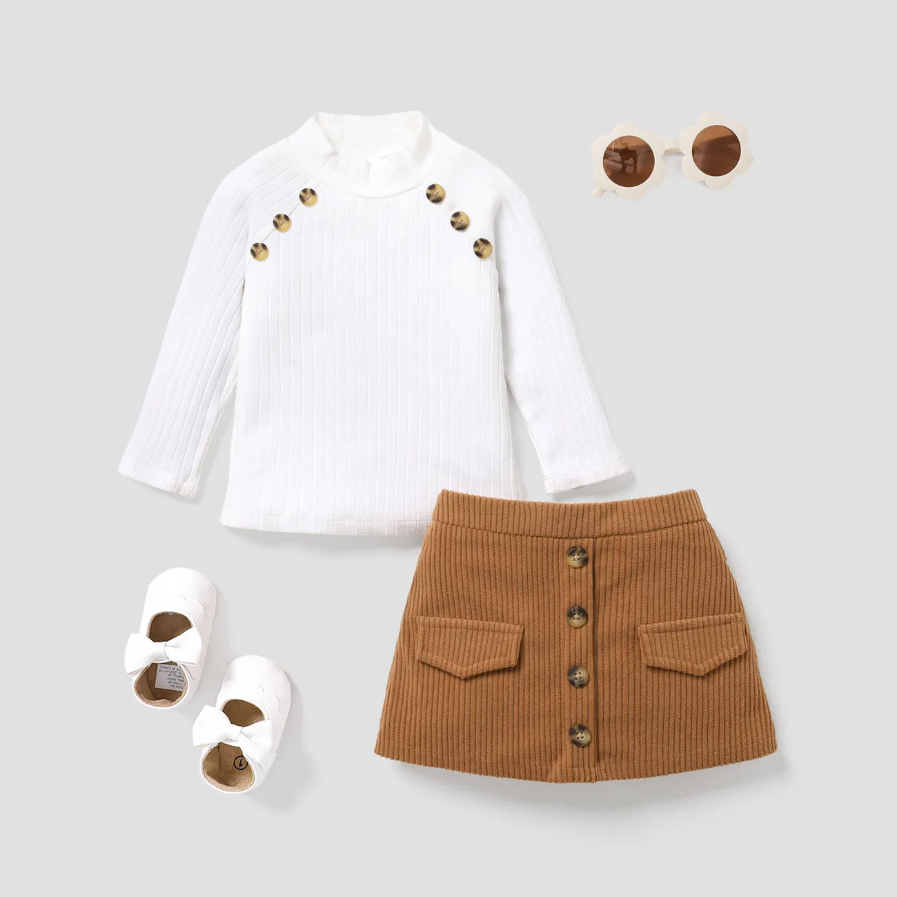 2pcs Baby Girl Solid Button Design Suit-Dress Brown big image 1
