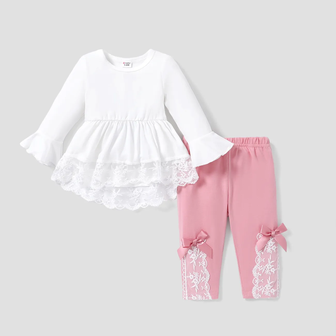 2pcs Baby Girl Sweet Lace Bowknot Long Sleeve Set White big image 1