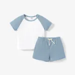 2pcs Baby Boy Raglan-sleeve Waffle Top and Shorts Set Blue grey
