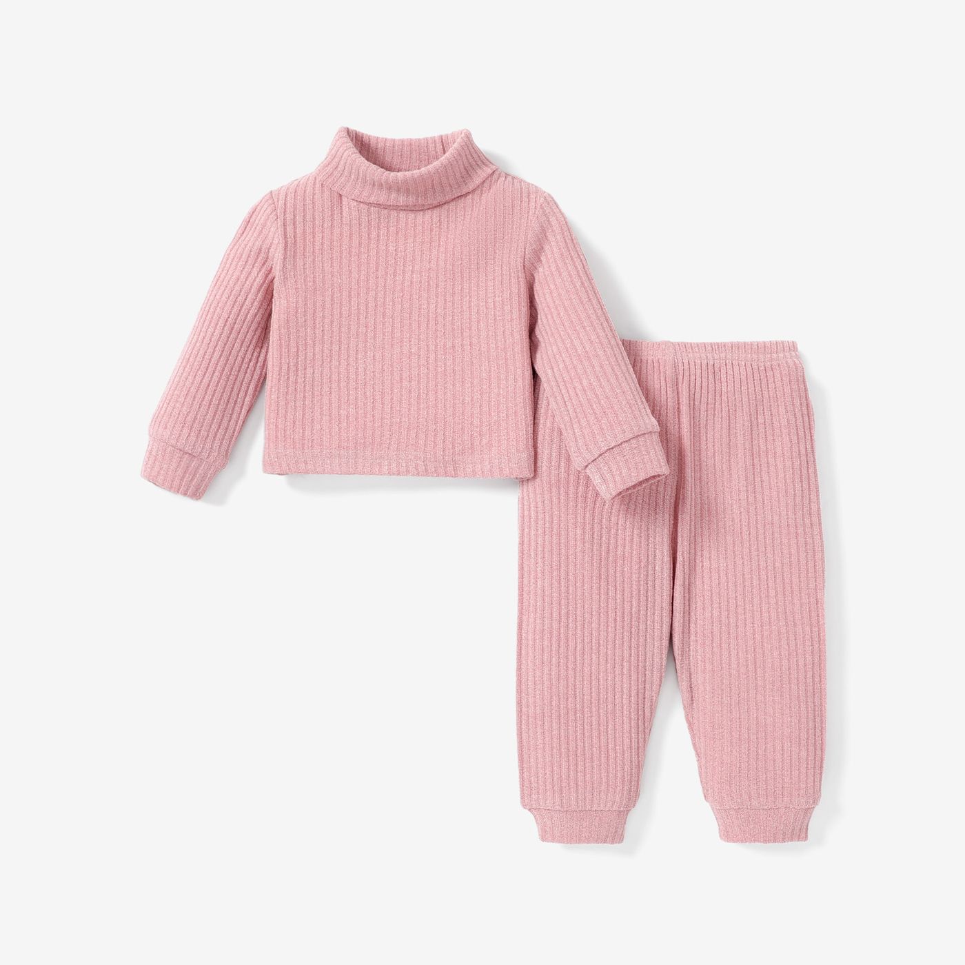 2pcs Baby Girl Solid Rib Knit Turtleneck Long-sleeve Set