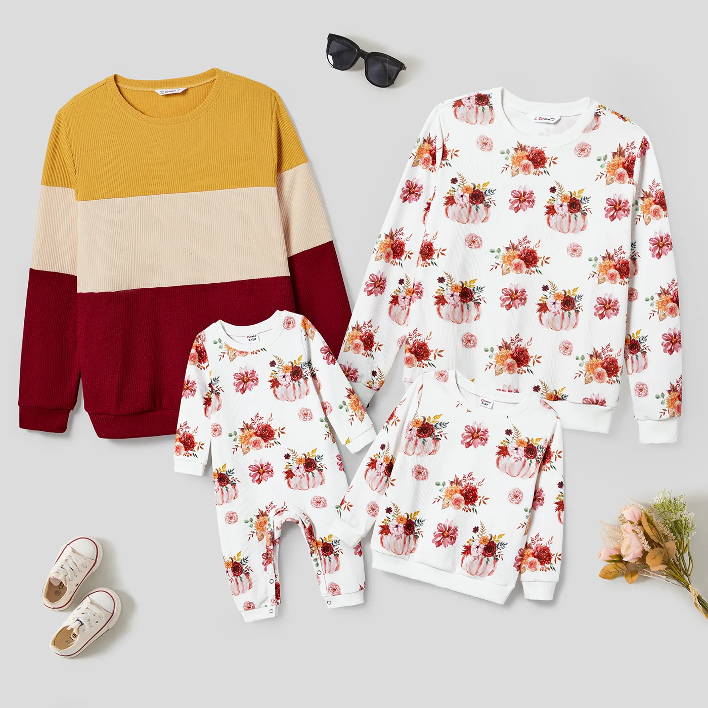 Halloween Family Matching Allover Pumpkin Print Colorblock Long-sleeve Pullover Rib-knit Sweatshirts